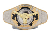 Men Western Fashion Belt Buckle Silver Metal Gold Long Horn Bull Texas Cow Heavy Duty Strong